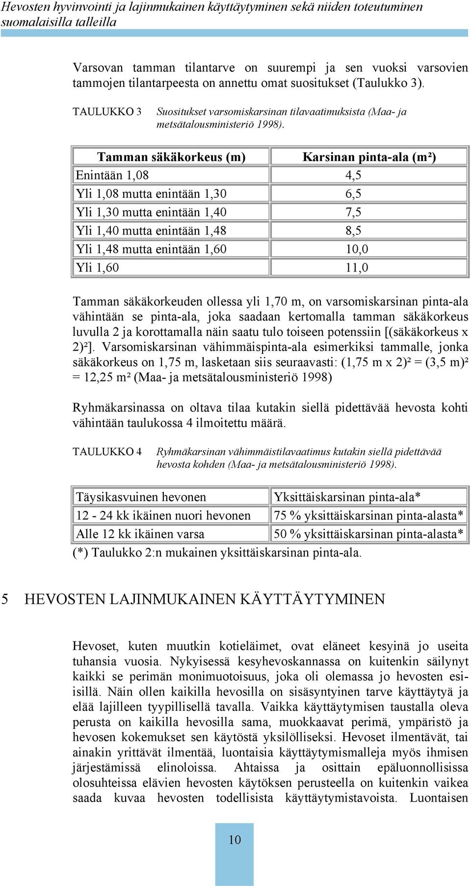 Tamman säkäkorkeus (m) Karsinan pinta-ala (m²) Enintään 1,08 4,5 Yli 1,08 mutta enintään 1,30 6,5 Yli 1,30 mutta enintään 1,40 7,5 Yli 1,40 mutta enintään 1,48 8,5 Yli 1,48 mutta enintään 1,60 10,0