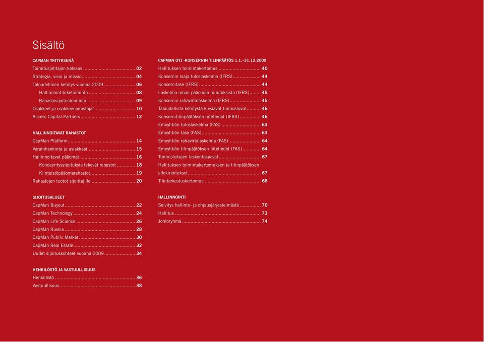 .. 16 Kohdeyrityssijoituksia tekevät rahastot... 18 Kiinteistöpääomarahastot... 19 Rahastojen tuotot sijoittajille... 20 CAPMAN OYJ -KONSERNIN TILINPÄÄTÖS 1.1. 31.12.2009 Hallituksen toimintakertomus.