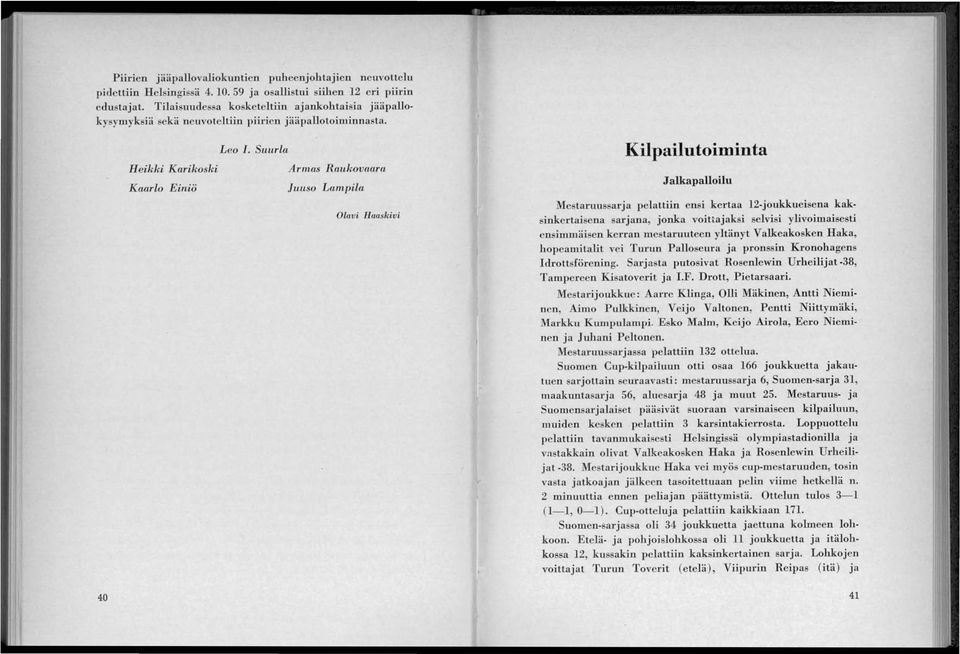 SuurIa Heikki Karikoski Armas Raukovaara Kaarlo Einiö Juuso La,mpila Olavi Haaskivi Kilpailutoiminta Jalkapalloilu Mestaruussarja pelattiin ensi kertaa 12-joukkueisena kaksinkertaisena sarjana, jonka