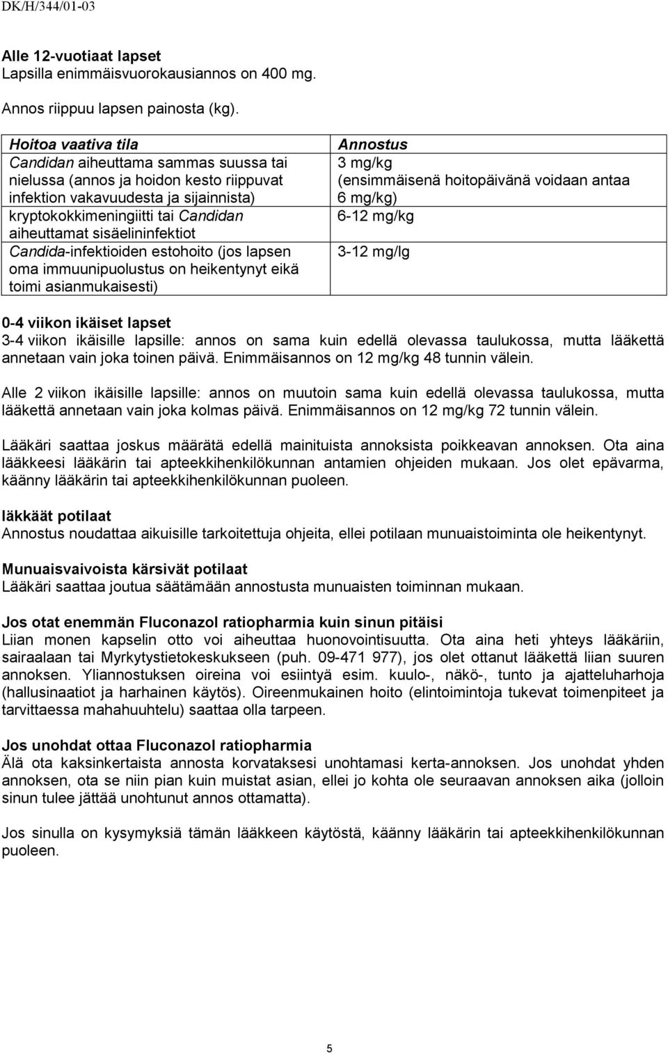sisäelininfektiot Candida-infektioiden estohoito (jos lapsen oma immuunipuolustus on heikentynyt eikä toimi asianmukaisesti) Annostus 3 mg/kg (ensimmäisenä hoitopäivänä voidaan antaa 6 mg/kg) 6-12