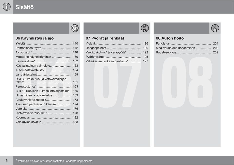 .. 159 DSTC Vakautus- ja vetovoimajärjestelmä*... 161 Peruutustutka*... 163 BLIS* - Kuolleen kulman infojärjestelmä 165 Hinaaminen ja poiskuljetus... 169 Apukäynnistyskaapelit.