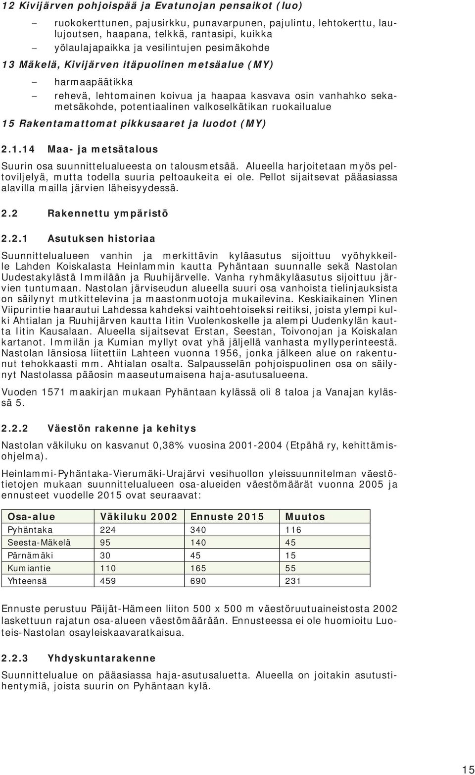 ruokailualue 15 Rakentamattomat pikkusaaret ja luodot (MY) 2.1.14 Maa- ja metsätalous Suurin osa suunnittelualueesta on talousmetsää.