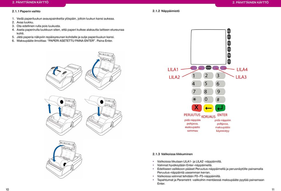 Jätä paperia näkyviin repäisyreunan kohdalle ja sulje paperiluukun kansi. 6. Maksupääte ilmoittaa: PAPERI ASETETTU PAINA ENTER. Paina Enter. 2.1.