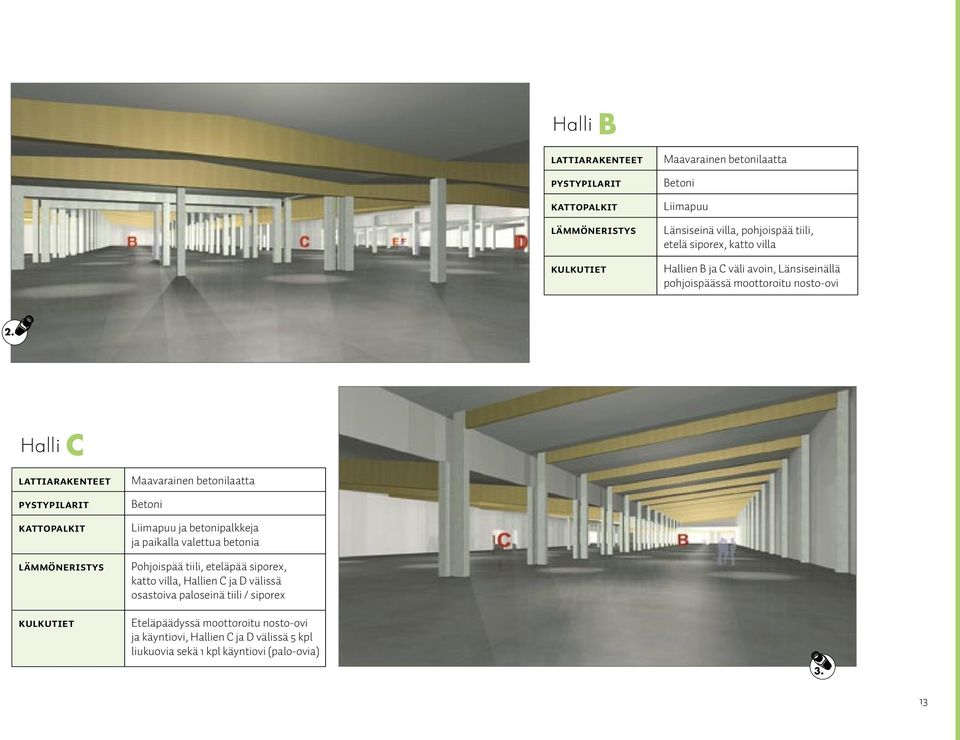 Halli C Lattiarakenteet Pystypilarit Kattopalkit Lämmöneristys Kulkutiet Maavarainen betonilaatta Betoni Liimapuu ja betonipalkkeja ja paikalla valettua betonia