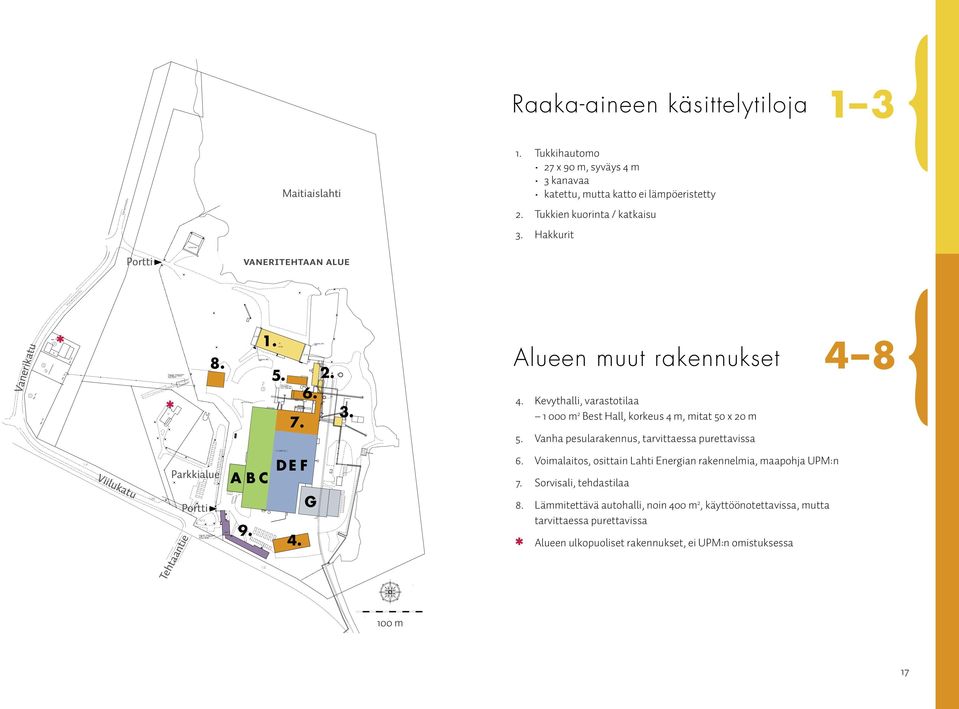 Vanha pesularakennus, tarvittaessa purettavissa 4 8 Viilukatu Parkkialue 6. Voimalaitos, osittain Lahti Energian rakennelmia, maapohja UPM:n 7.