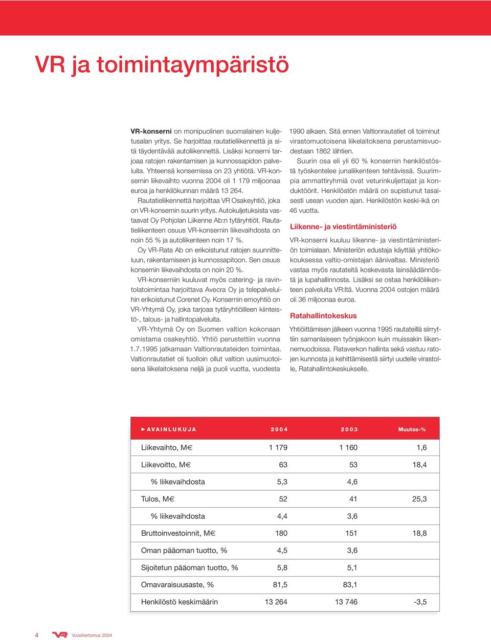 VR-konsernin liikevaihto vuonna 2004 oli 1 179 miljoonaa euroa ja henkilökunnan määrä 13 264. Rautatieliikennettä harjoittaa VR Osakeyhtiö, joka on VR-konsernin suurin yritys.