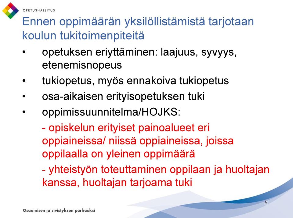 oppimissuunnitelma/hojks: - opiskelun erityiset painoalueet eri oppiaineissa/ niissä oppiaineissa,