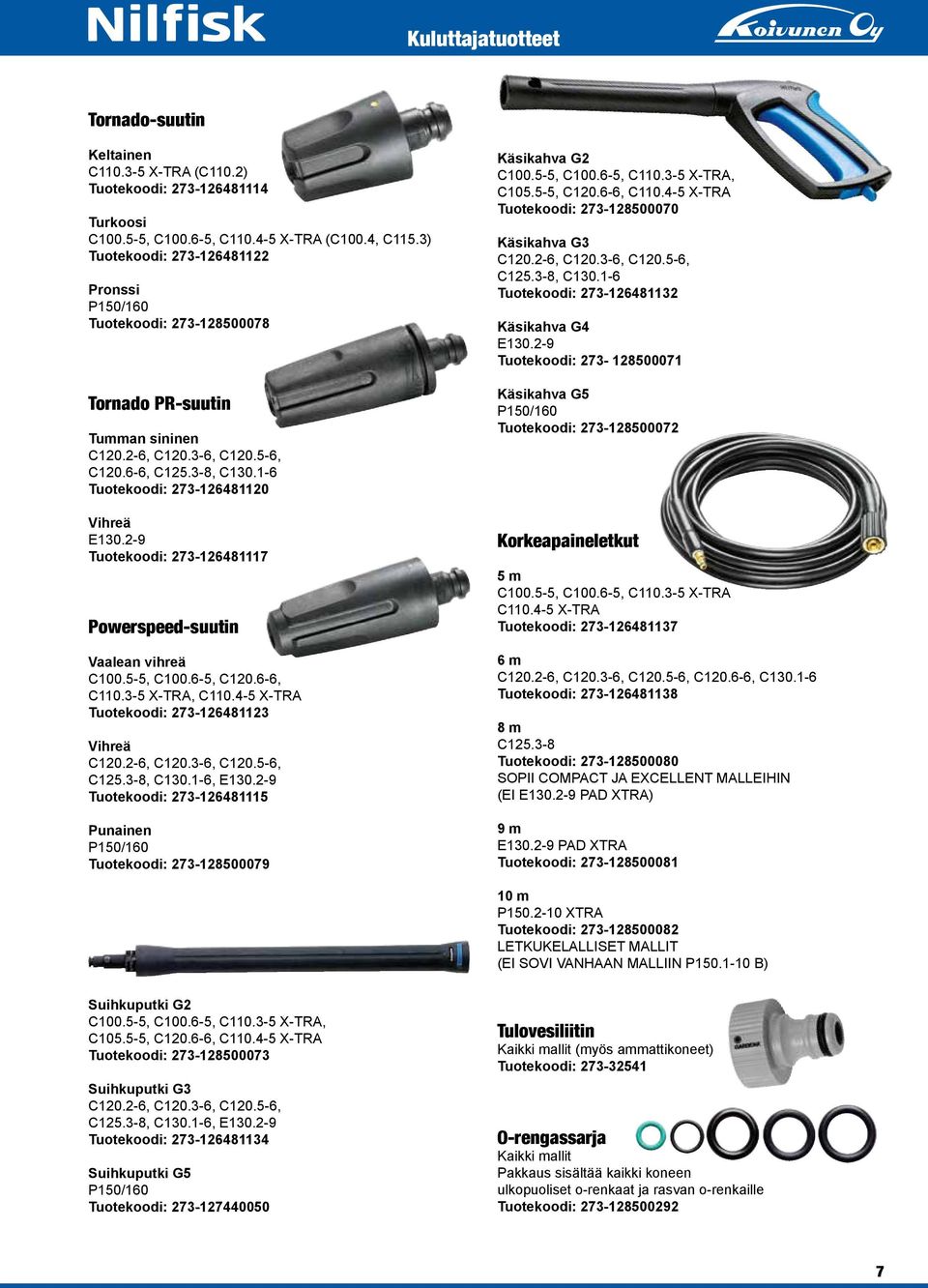 1-6 Tuotekoodi: 273-126481120 Vihreä E130.2-9 Tuotekoodi: 273-126481117 Powerspeed-suutin Vaalean vihreä C100.5-5, C100.6-5, C120.6-6, C110.3-5 X-TRA, C110.