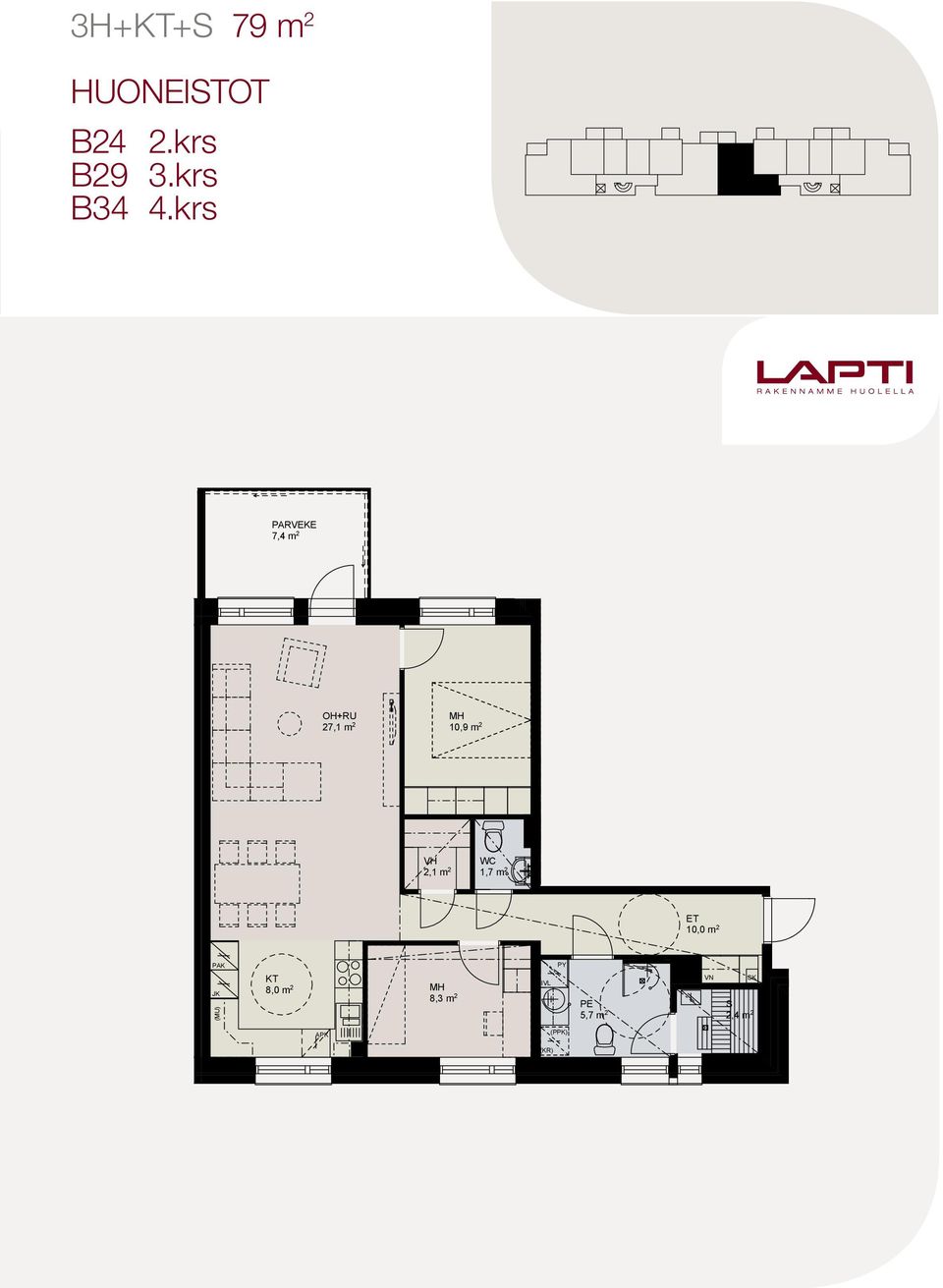 PARVEKE 7,4 m 2 8,4 m 2 +RU 24,6 m 2 +RU 27,1 m 2 10,9 m 2