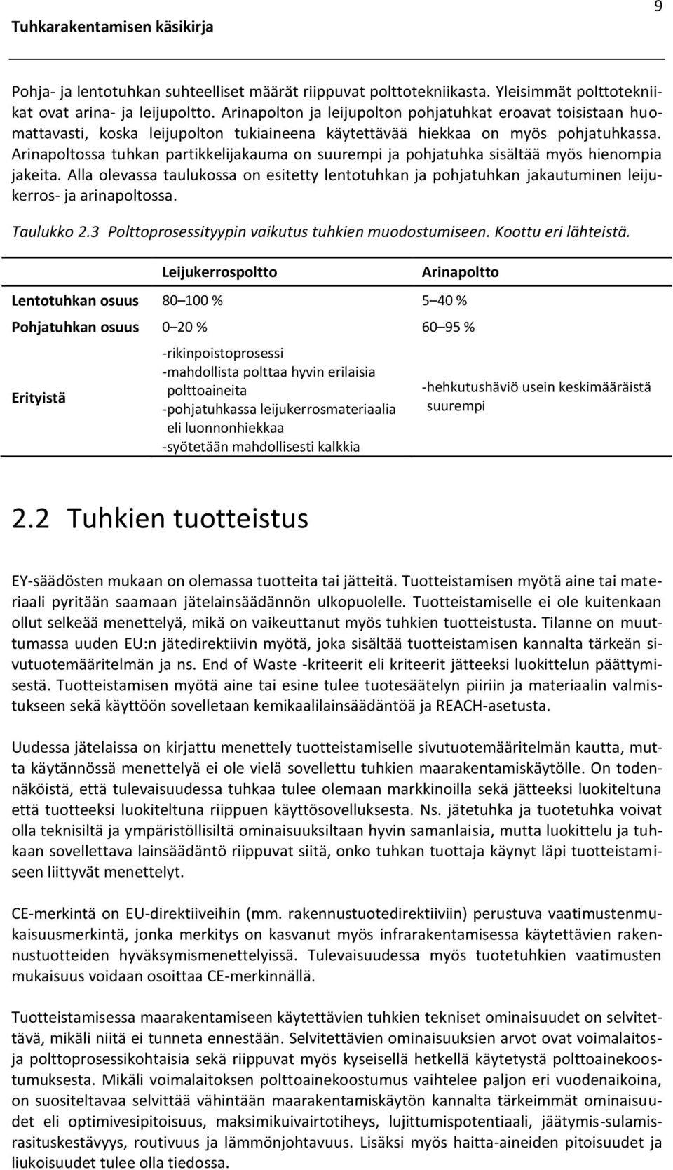 Arinapoltossa tuhkan partikkelijakauma on suurempi ja pohjatuhka sisältää myös hienompia jakeita.