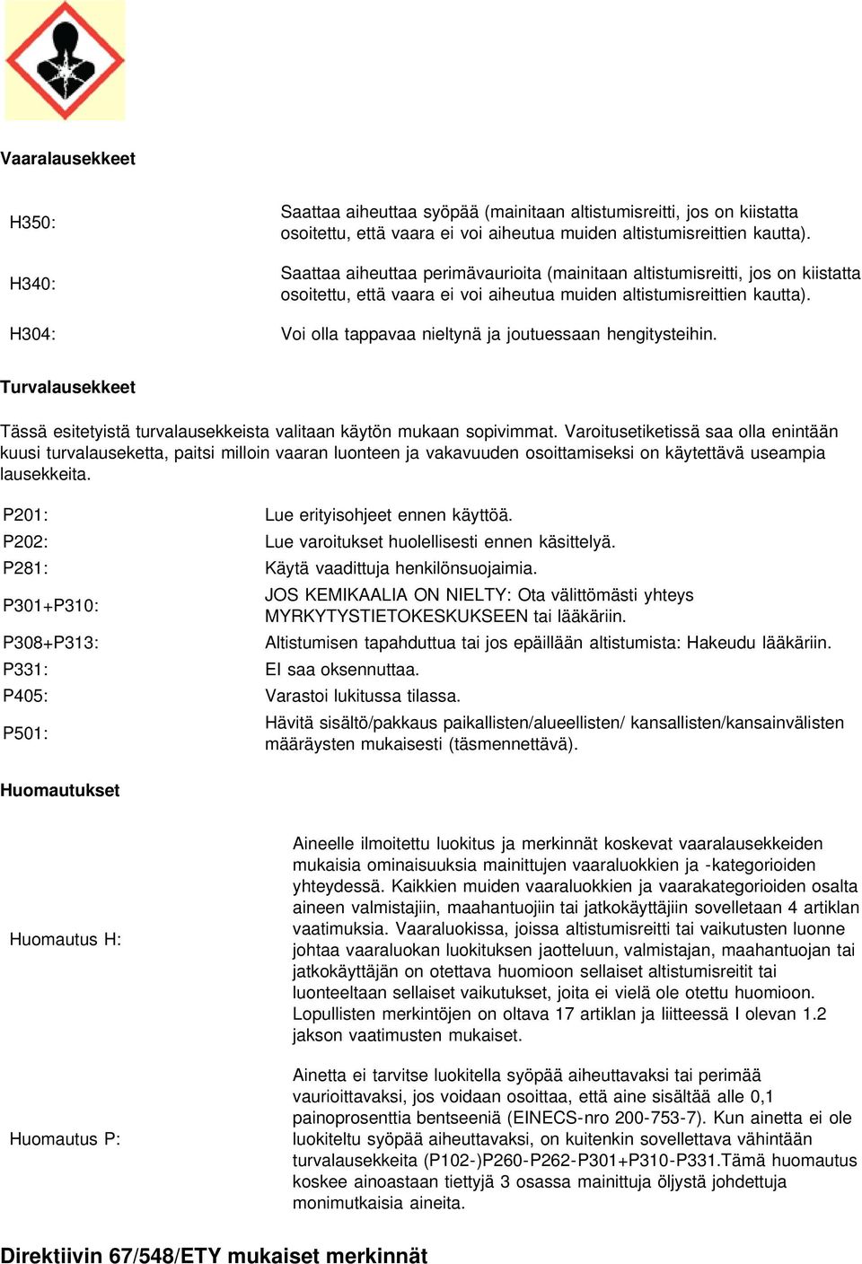 H304: Voi olla tappavaa nieltynä ja joutuessaan hengitysteihin. Turvalausekkeet Tässä esitetyistä turvalausekkeista valitaan käytön mukaan sopivimmat.