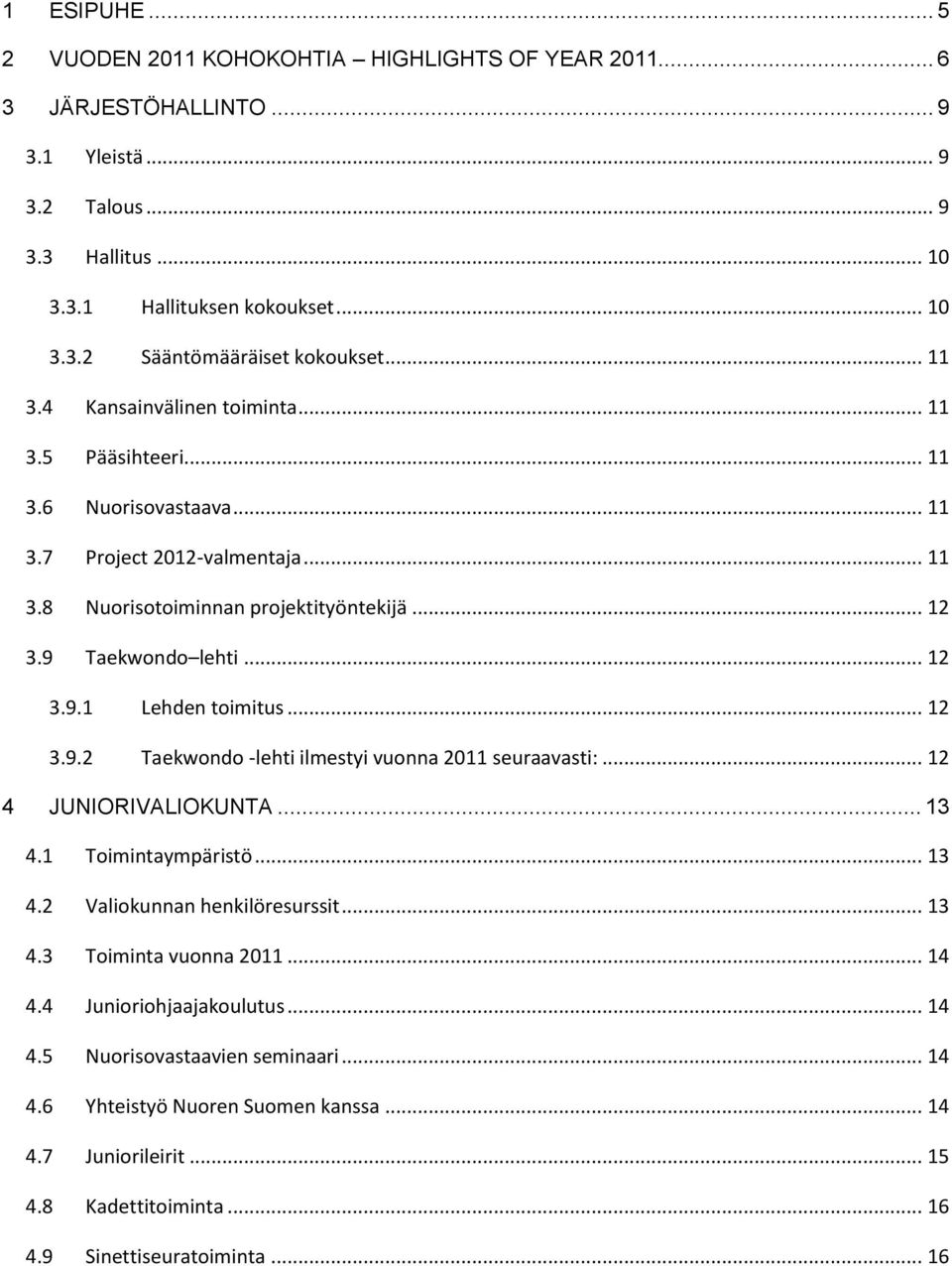 .. 12 3.9.2 Taekwondo -lehti ilmestyi vuonna 2011 seuraavasti:... 12 4 JUNIORIVALIOKUNTA... 13 4.1 Toimintaympäristö... 13 4.2 Valiokunnan henkilöresurssit... 13 4.3 Toiminta vuonna 2011... 14 4.