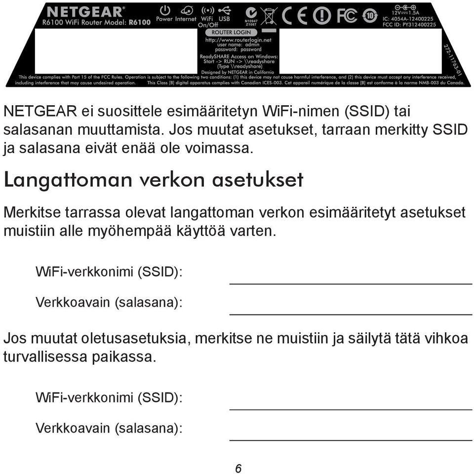 Langattoman verkon asetukset Merkitse tarrassa olevat langattoman verkon esimääritetyt asetukset muistiin alle myöhempää