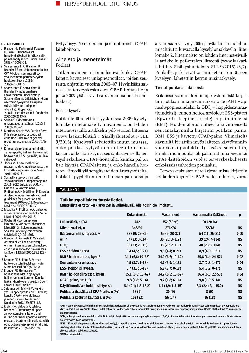 3 Saaresranta T, Anttalainen U, Brander P ym. Suomalaisen Lääkäri seuran Duodecimin ja Suomen Keuhkolääkäriyhdistyksen asettama työryhmä. Uniapnea (obstruktiivinen uniapnea aikuisilla).