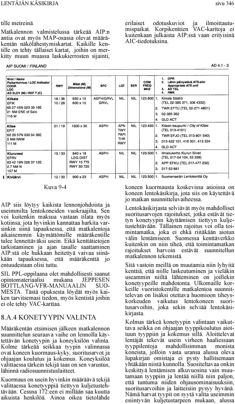 Korpikenttien VAC-karttoja ei kuitenkaan julkaista AIP:ssä vaan erityisinä AIC-tiedotuksina. Kuva 9-4 AIP siis löytyy kaikista lennonjohdoista ja useimmilta lentokoneiden vuokraajilta.