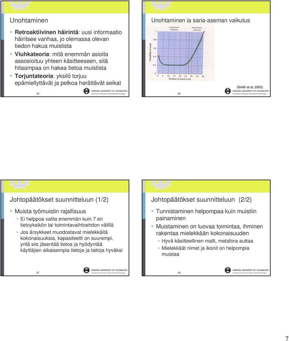 2003) Johtopäätökset suunnitteluun (1/2) Muista työmuistin rajallisuus - Ei helppoa valita enemmän kuin 7 eri tietoyksikön tai toimintavaihtoehdon välillä - Jos ärsykkeet muodostavat mielekkäitä