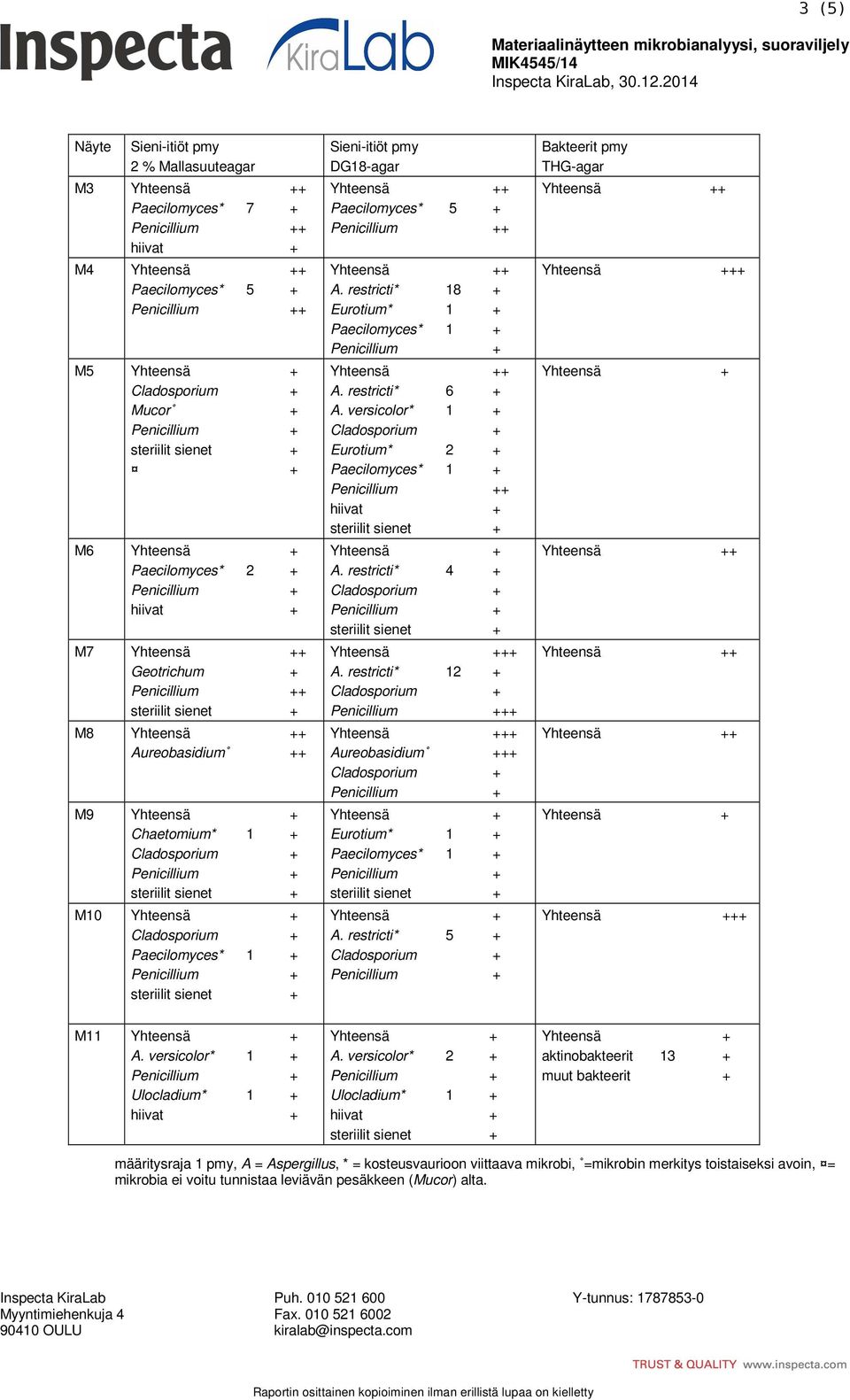 Chaetomium* 1 + M10 Paecilomyces* 1 + Sieni-itiöt pmy DG18-agar + Paecilomyces* 5 + + + A. restricti* 18 + Eurotium* 1 + Paecilomyces* 1 + + A. restricti* 6 + A.