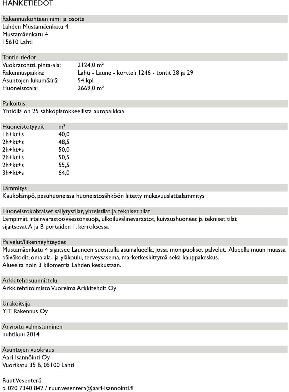 55,5 3h+kt+s 64,0 Lämmitys Kaukolämpö, pesuhuoneissa huoneistosähköön liitetty mukavuuslattialämmitys Huoneistokohtaiset säilytystilat, yhteistilat ja tekniset tilat Lämpimät