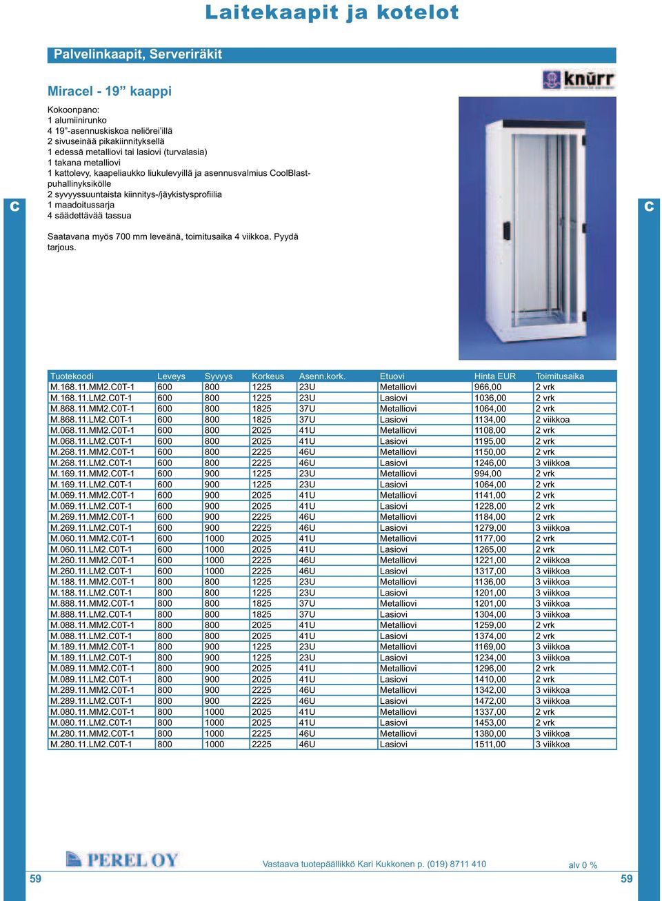 toimitusaika 4 viikkoa. Pyydä tarjous. Tuotekoodi Leveys Syvyys Korkeus Asenn.kork. Etuovi Hinta EUR Toimitusaika M.168.11.MM2.0T-1 600 800 1225 23U Metalliovi 966,00 2 vrk M.168.11.LM2.