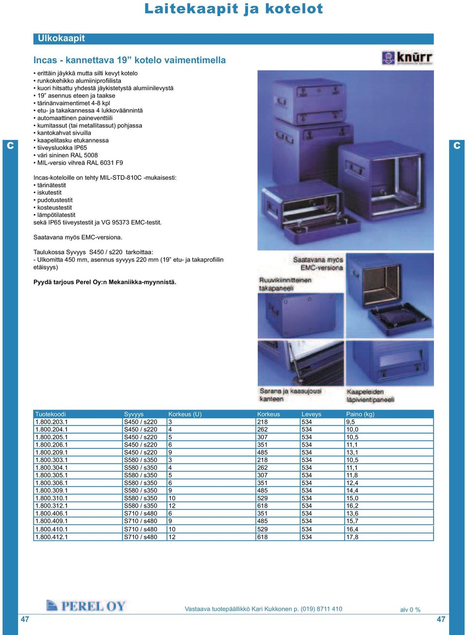 tiiveysluokka IP65 väri sininen RAL 5008 MIL-versio vihreä RAL 6031 F9 Incas-koteloille on tehty MIL-STD-810 -mukaisesti: tärinätestit iskutestit pudotustestit kosteustestit lämpötilatestit sekä IP65