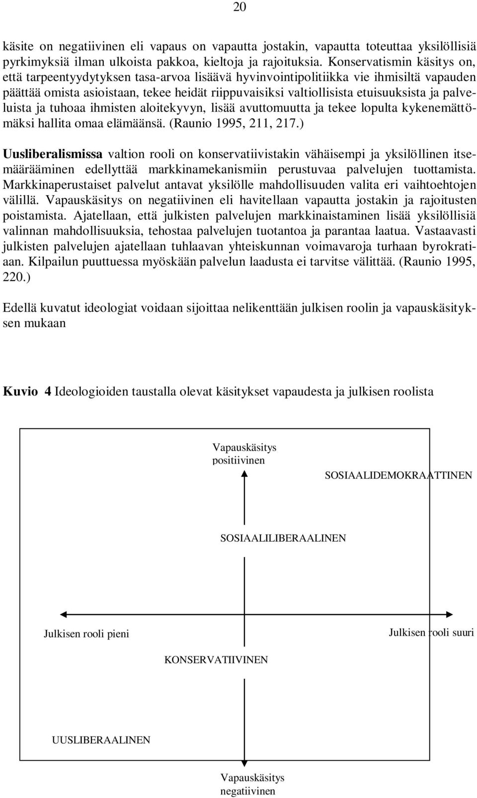 ja palveluista ja tuhoaa ihmisten aloitekyvyn, lisää avuttomuutta ja tekee lopulta kykenemättömäksi hallita omaa elämäänsä. (Raunio 1995, 211, 217.