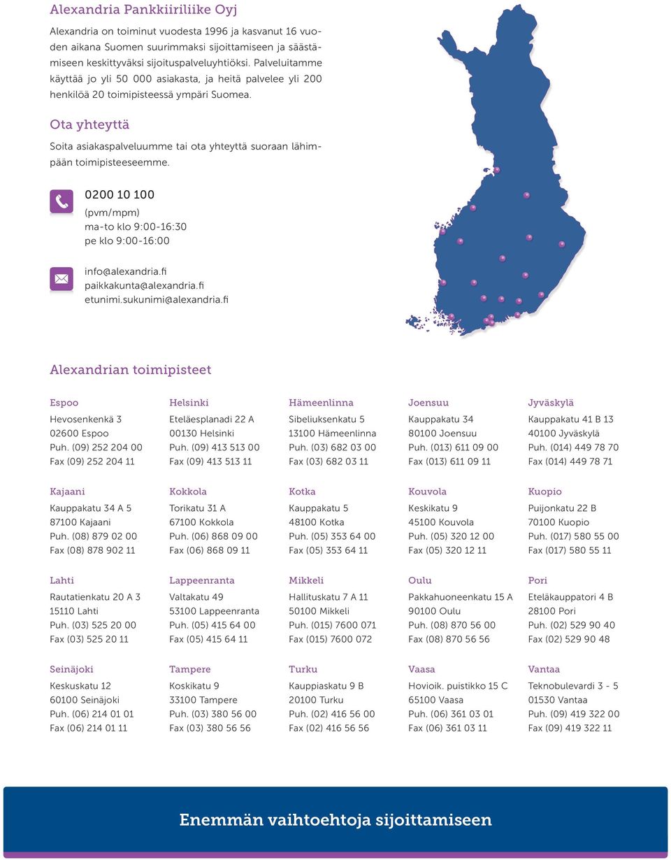 Ota yhteyttä Soita asiakaspalveluumme tai ota yhteyttä suoraan lähimpään toimipisteeseemme. 0200 10 100 (pvm/mpm) ma-to klo 9:00-16:30 pe klo 9:00-16:00 info@alexandria.fi paikkakunta@alexandria.