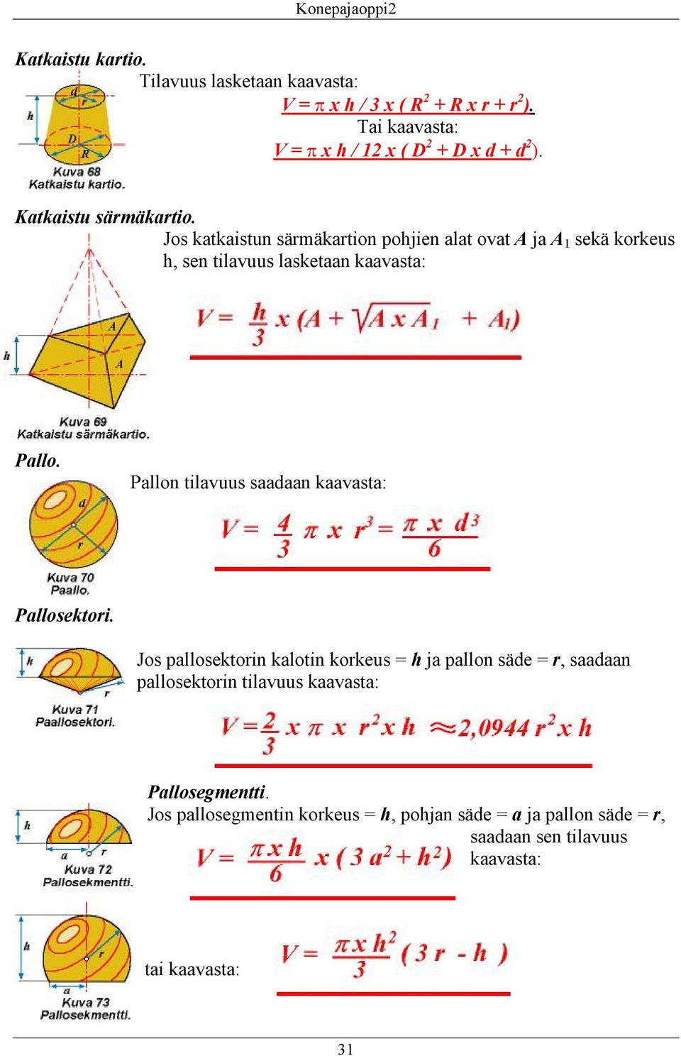 Jos katkaistun särmäkartion pohjien alat ovat A ja A 1 sekä korkeus h, sen tilavuus lasketaan kaavasta: Pallo.