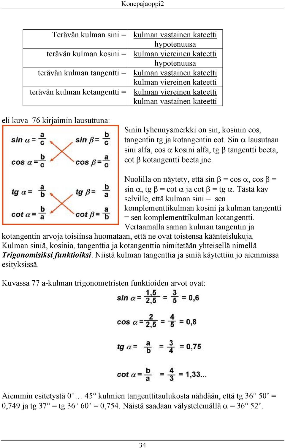 Sin α lausutaan sini alfa, cos α kosini alfa, tg β tangentti beeta, cot β kotangentti beeta jne. Nuolilla on näytety, että sin β = cos α, cos β = sin α, tg β = cot α ja cot β = tg α.