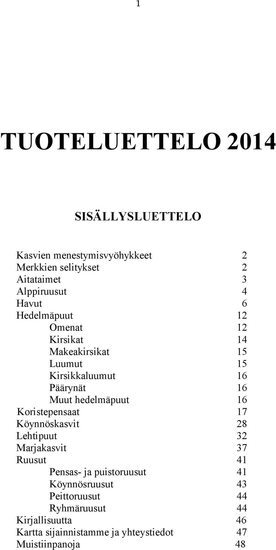 Muut hedelmäpuut 16 Koristepensaat 17 Köynnöskasvit 28 Lehtipuut 32 Marjakasvit 37 Ruusut 41 Pensas- ja puistoruusut