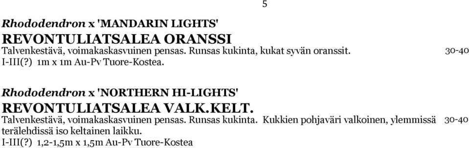 Rhododendron x 'NORTHERN HI-LIGHTS' REVONTULIATSALEA VALK.KELT. Talvenkestävä, voimakaskasvuinen pensas.