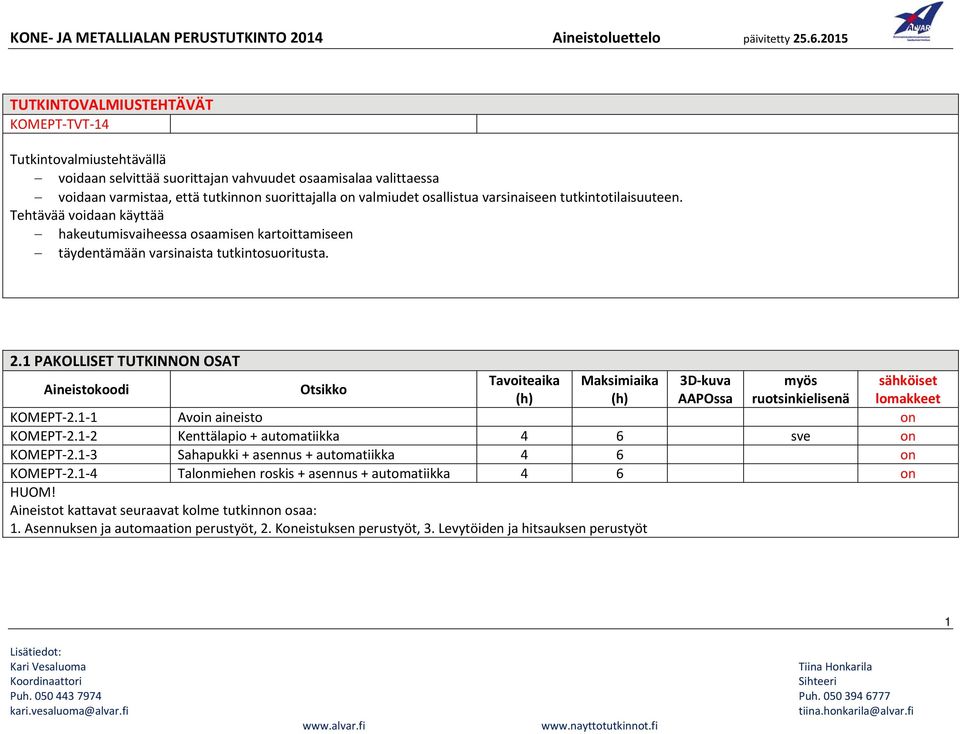 1 PAKOLLISET TUTKINNON OSAT KOMEPT 2.1 1 Avoin aineisto on KOMEPT 2.1 2 Kenttälapio + automatiikka 4 6 sve on KOMEPT 2.1 3 Sahapukki + asennus + automatiikka 4 6 on KOMEPT 2.