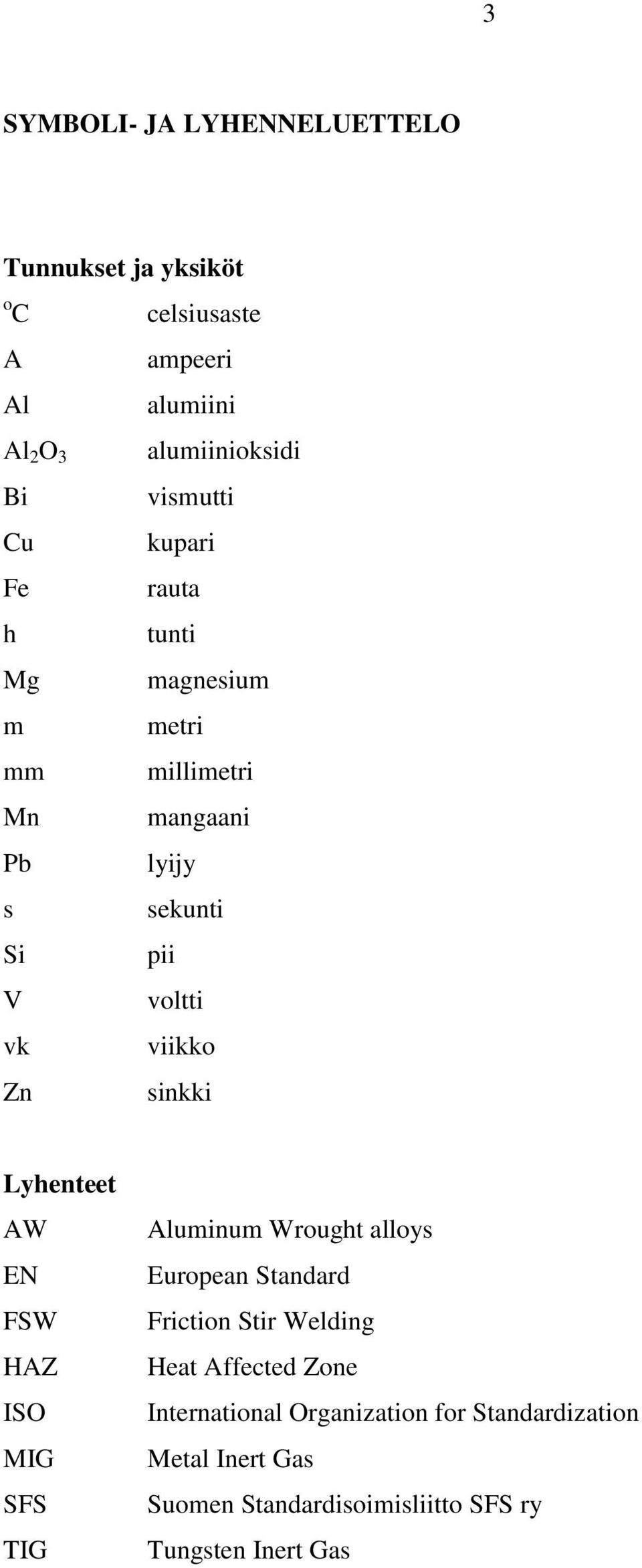 viikko sinkki Lyhenteet AW EN FSW HAZ ISO MIG SFS TIG Aluminum Wrought alloys European Standard Friction Stir Welding Heat