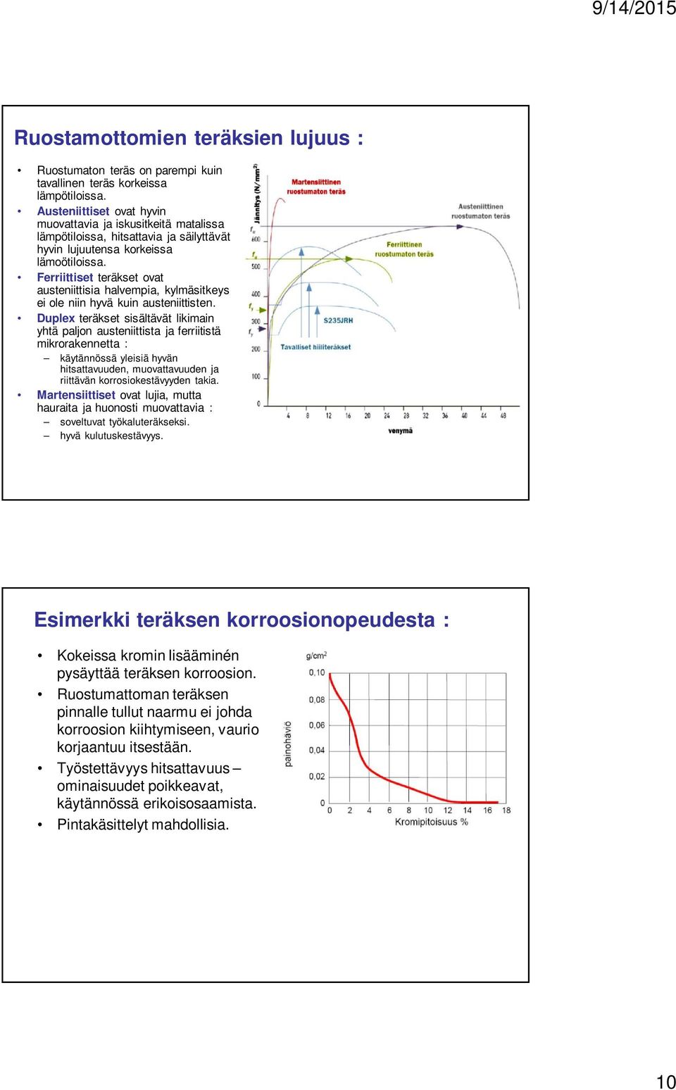 Ferriittiset teräkset ovat austeniittisia halvempia, kylmäsitkeys ei ole niin hyvä kuin austeniittisten.