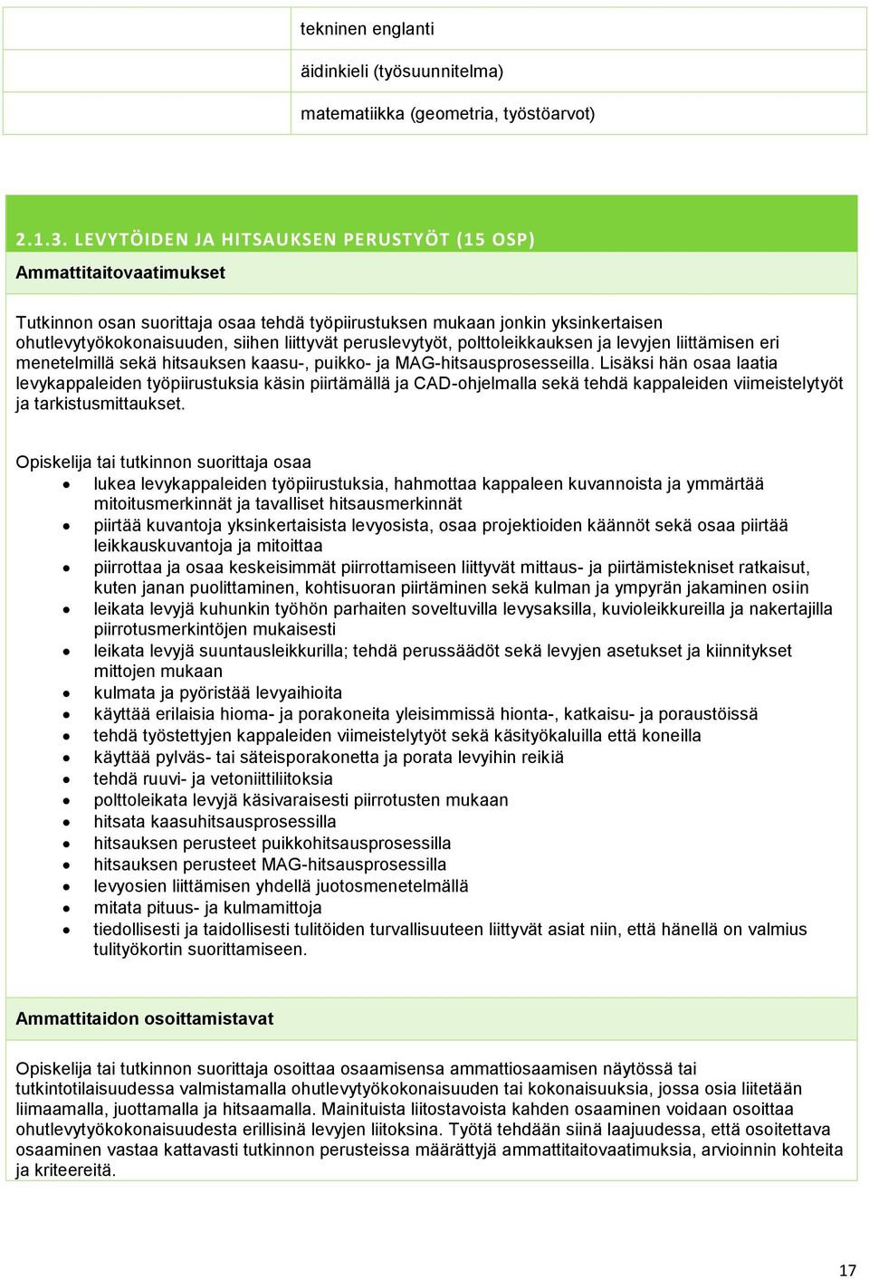 peruslevytyöt, polttoleikkauksen ja levyjen liittämisen eri menetelmillä sekä hitsauksen kaasu-, puikko- ja MAG-hitsausprosesseilla.