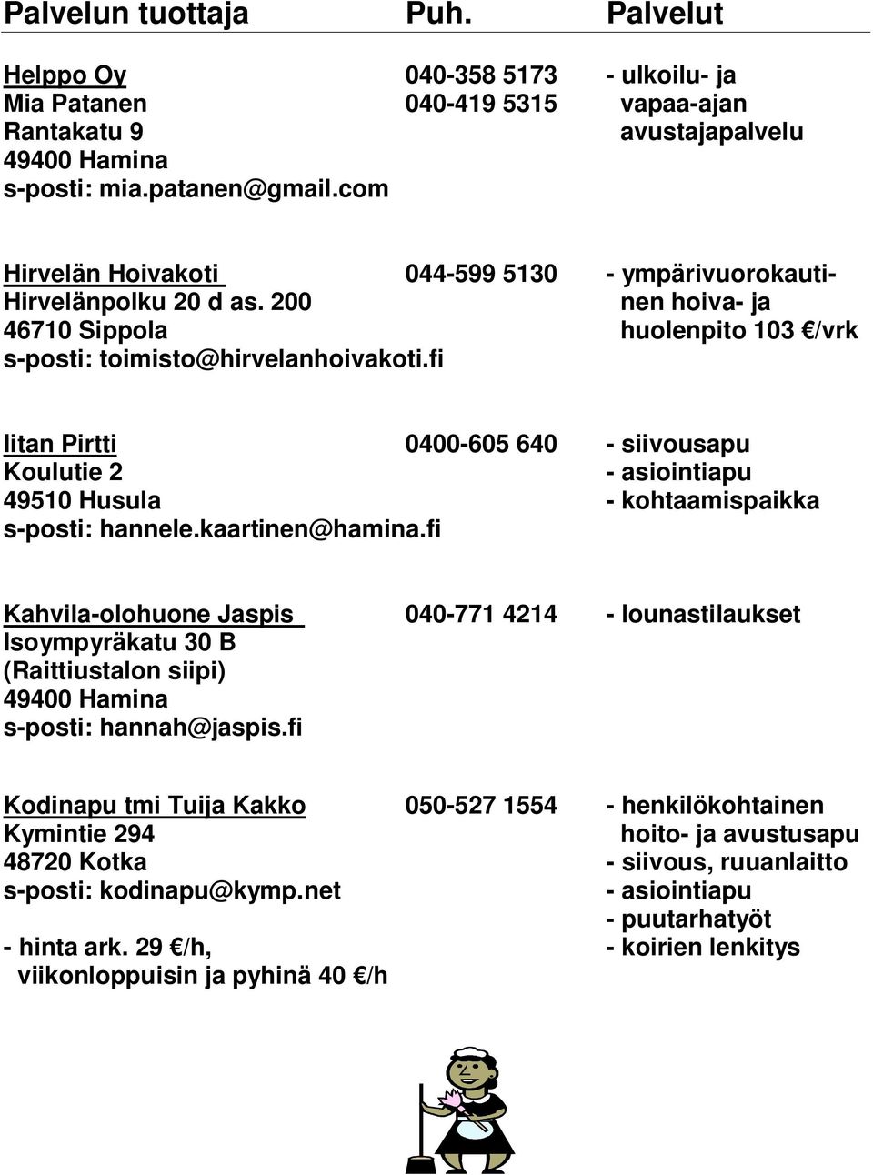 fi Iitan Pirtti 0400-605 640 - siivousapu Koulutie 2 49510 Husula - kohtaamispaikka s-posti: hannele.kaartinen@hamina.