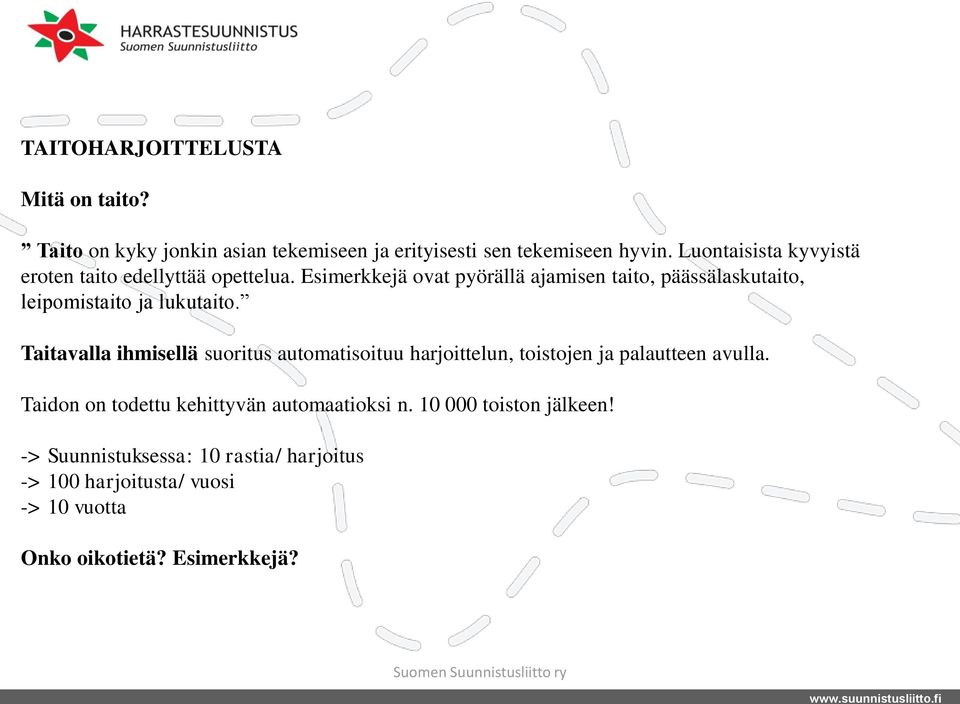 Esimerkkejä ovat pyörällä ajamisen taito, päässälaskutaito, leipomistaito ja lukutaito.