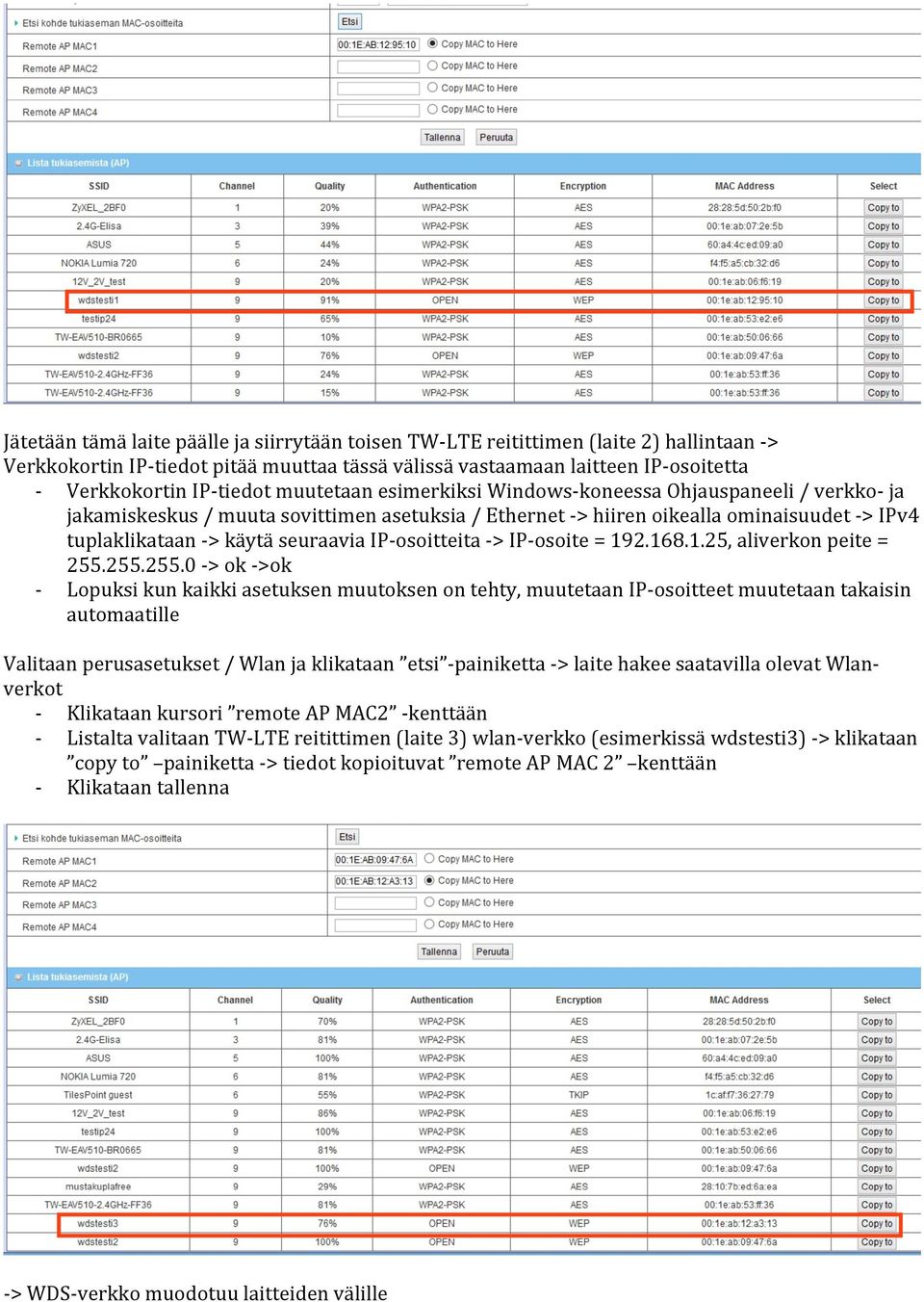 seuraavia IP- osoitteita - > IP- osoite = 192.168.1.25, aliverkon peite = 255.