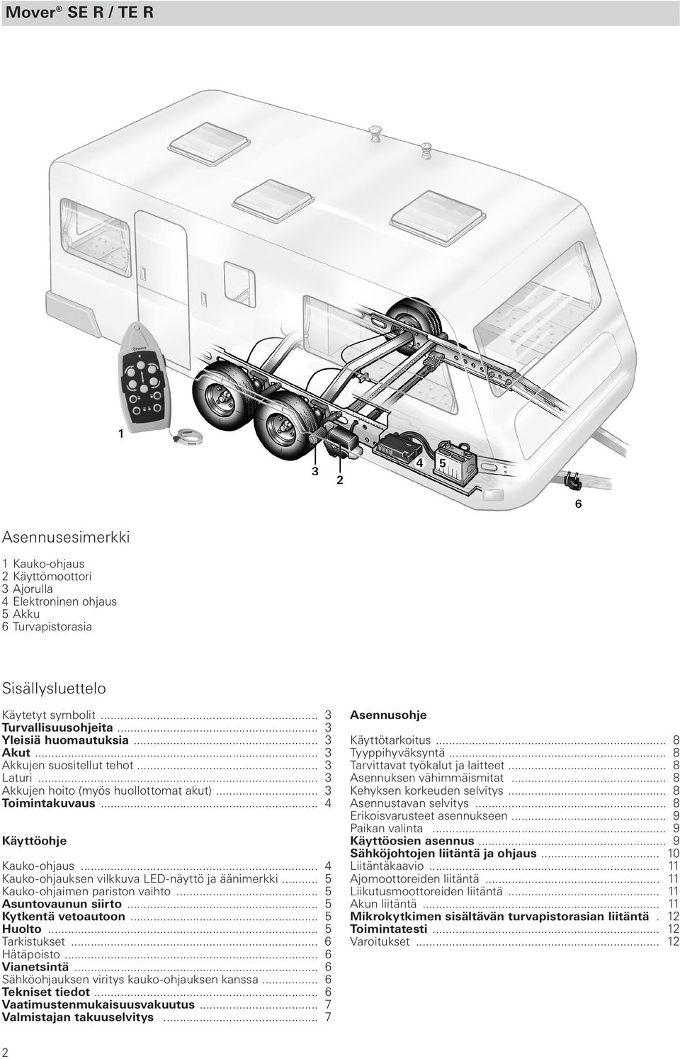 .. 4 Kauko-ohjauksen vilkkuva LED-näyttö ja äänimerkki... 5 Kauko-ohjaimen pariston vaihto... 5 Asuntovaunun siirto... 5 Kytkentä vetoautoon... 5 Huolto... 5 Tarkistukset... 6 Hätäpoisto.