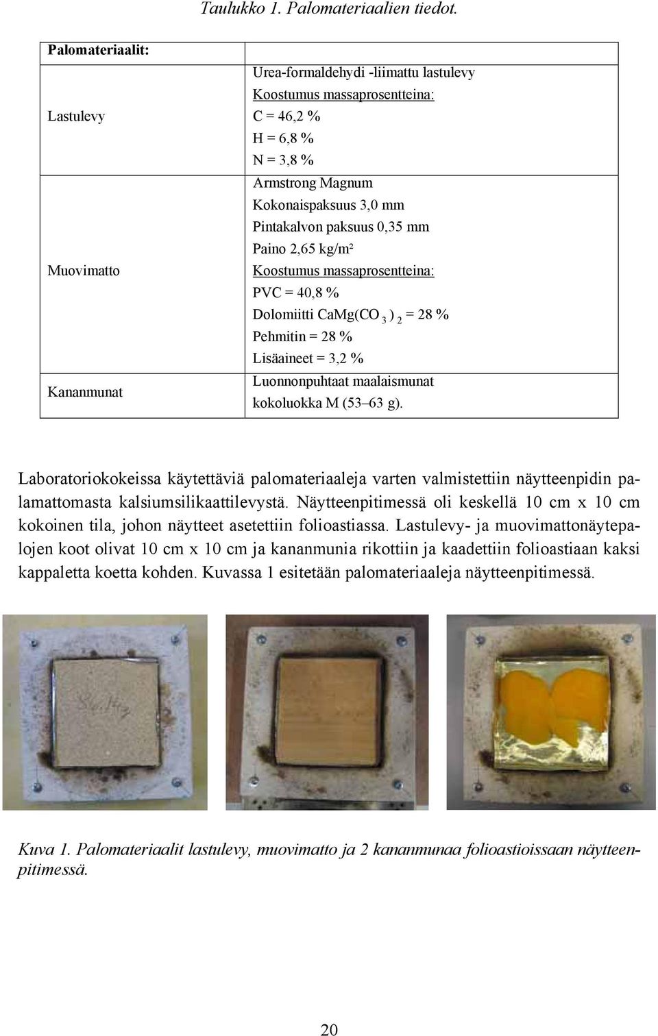 paksuus 0,35 mm Paino 2,65 kg/m² Koostumus massaprosentteina: PVC = 40,8 % Dolomiitti CaMg(CO 3 ) 2 = 28 % Pehmitin = 28 % Lisäaineet = 3,2 % Luonnonpuhtaat maalaismunat kokoluokka M (53 63 g).