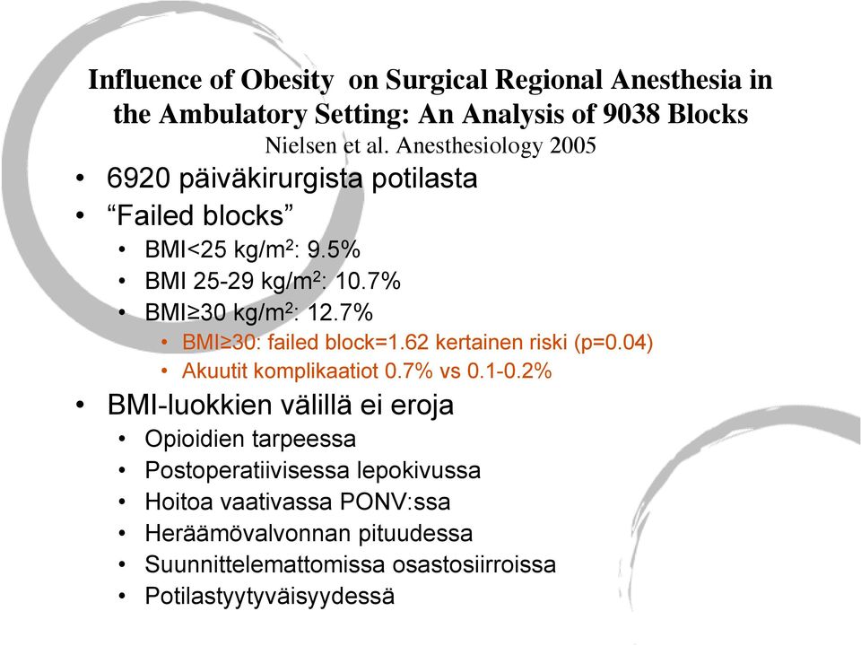 7% BMI 30: failed block=1.62 kertainen riski (p=0.04) Akuutit komplikaatiot 0.7% vs 0.1-0.