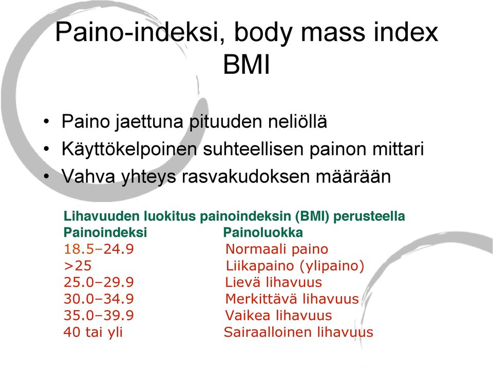 perusteella Painoindeksi Painoluokka 18.5 24.9 Normaali paino >25 Liikapaino (ylipaino) 25.0 29.