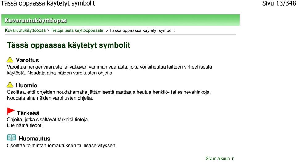 Noudata aina näiden varoitusten ohjeita. Huomio Osoittaa, että ohjeiden noudattamatta jättämisestä saattaa aiheutua henkilö- tai esinevahinkoja.