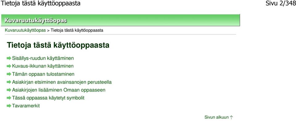 käyttäminen Tämän oppaan tulostaminen Asiakirjan etsiminen avainsanojen perusteella