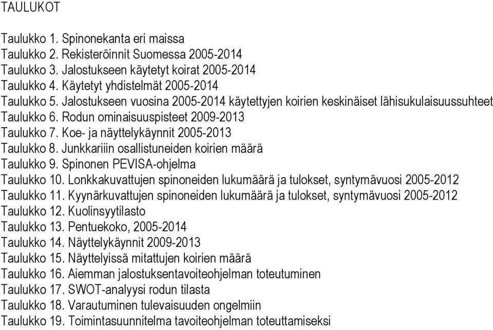 Junkkariiin osallistuneiden koirien määrä Taulukko 9. Spinonen PEVISA-ohjelma Taulukko 10. Lonkkakuvattujen spinoneiden lukumäärä ja tulokset, syntymävuosi 2005-2012 Taulukko 11.