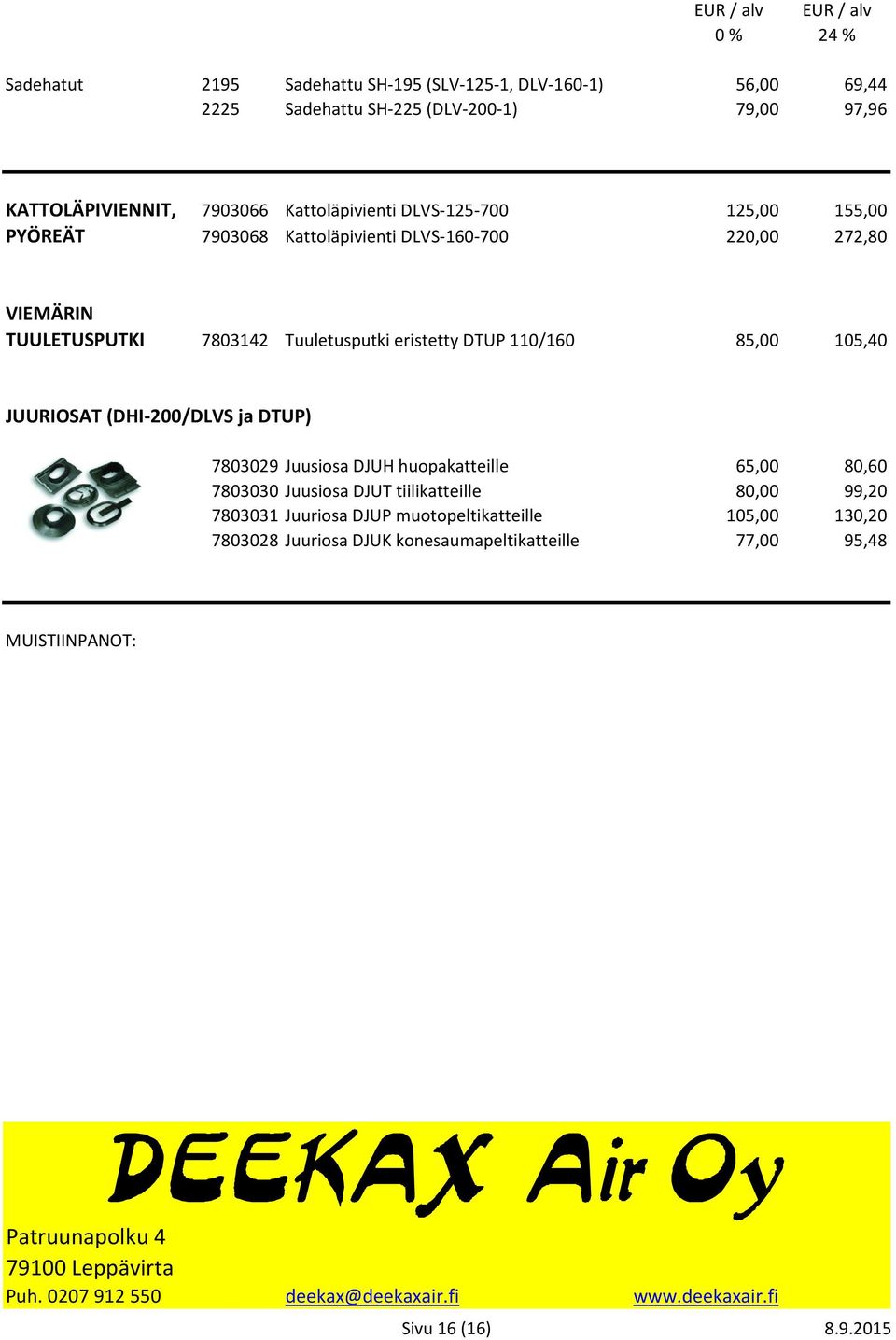 (DHI-200/DLVS ja DTUP) 7803029 Juusiosa DJUH huopakatteille 65,00 80,60 7803030 Juusiosa DJUT tiilikatteille 80,00 99,20 7803031 Juuriosa DJUP muotopeltikatteille 105,00 130,20