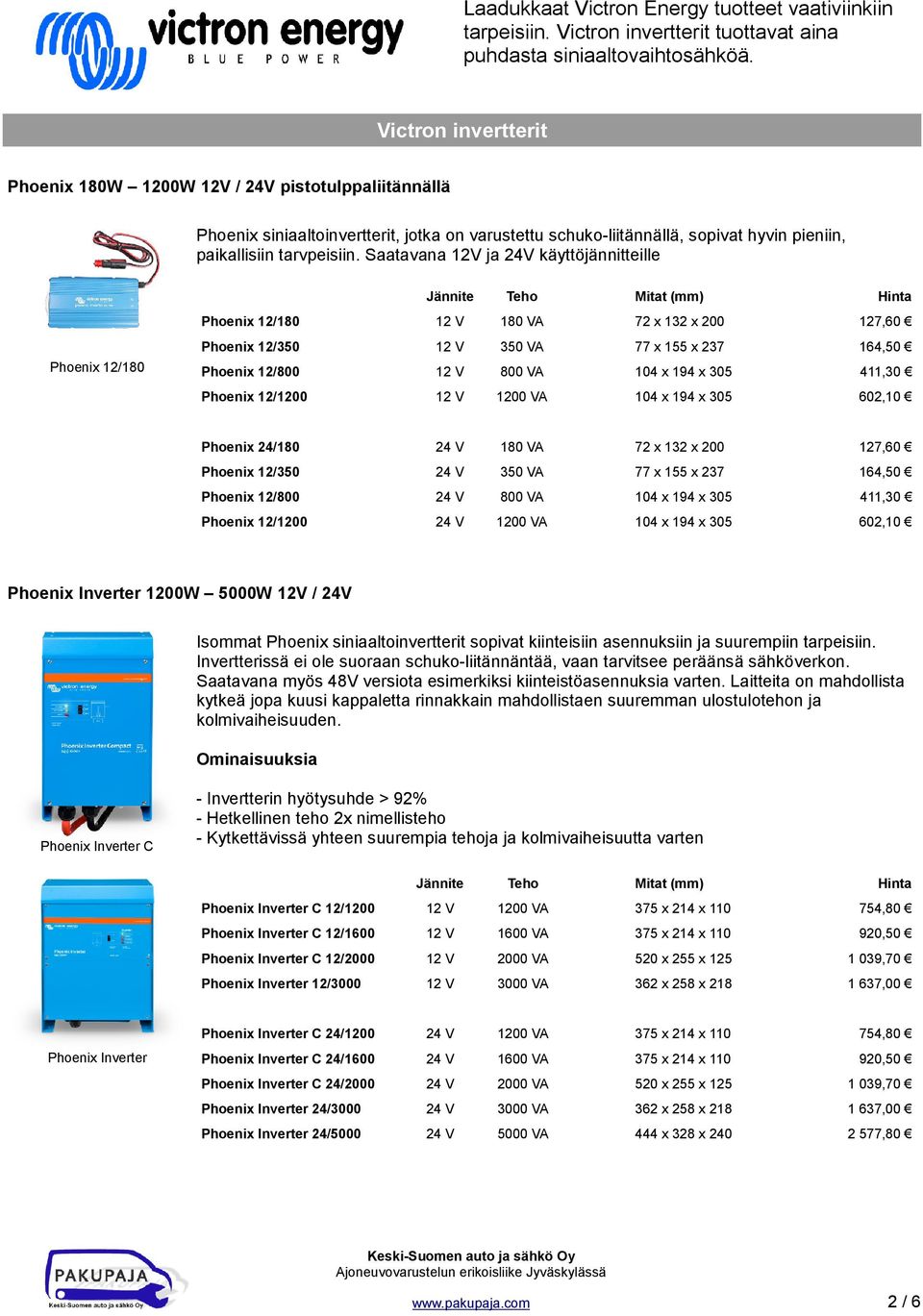 Saatavana 12V ja 24V käyttöjännitteille Phoenix 12/180 Jännite Teho Mitat (mm) Hinta Phoenix 12/180 12 V 180 VA 72 x 132 x 200 127,60 Phoenix 12/350 12 V 350 VA 77 x 155 x 237 164,50 Phoenix 12/800