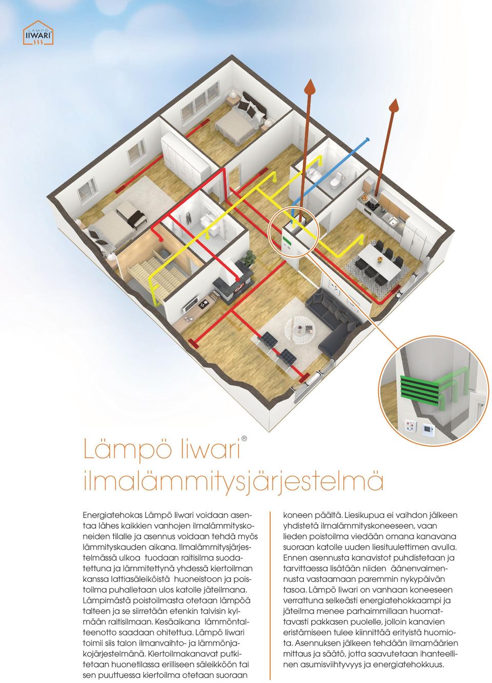 Lämpimästä poistoilmasta otetaan lämpöä talteen ja se siirretään etenkin talvisin kylmään raitisilmaan. Kesäaikana lämmöntalteenotto saadaan ohitettua.