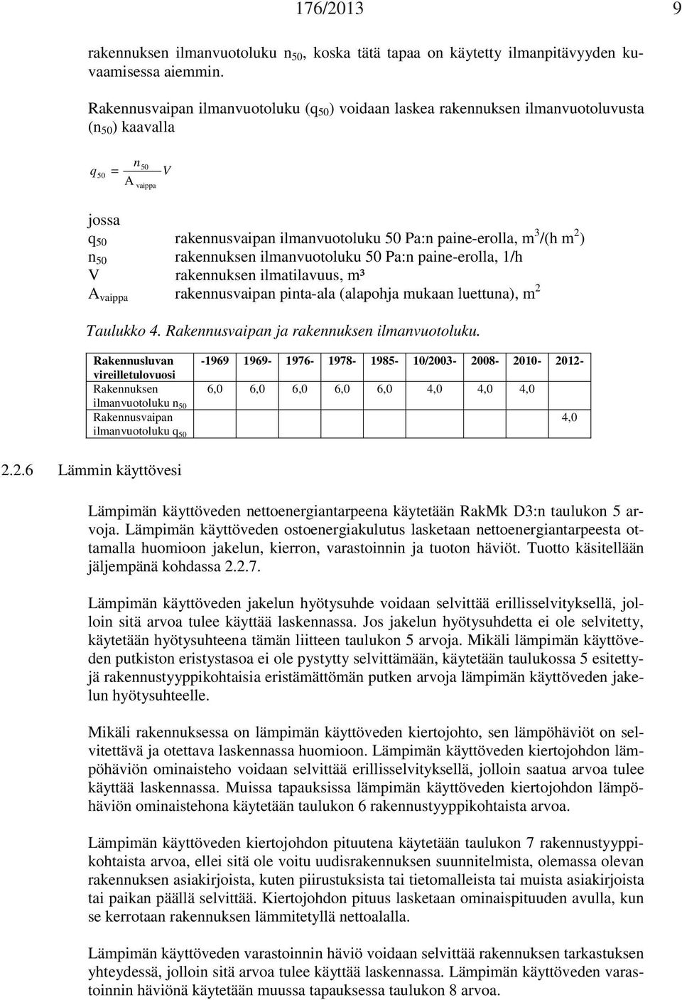 n 50 rakennuksen ilmanvuotoluku 50 Pa:n paine-erolla, 1/h V rakennuksen ilmatilavuus, m³ A vaippa rakennusvaipan pinta-ala (alapohja mukaan luettuna), m 2 Taulukko 4.