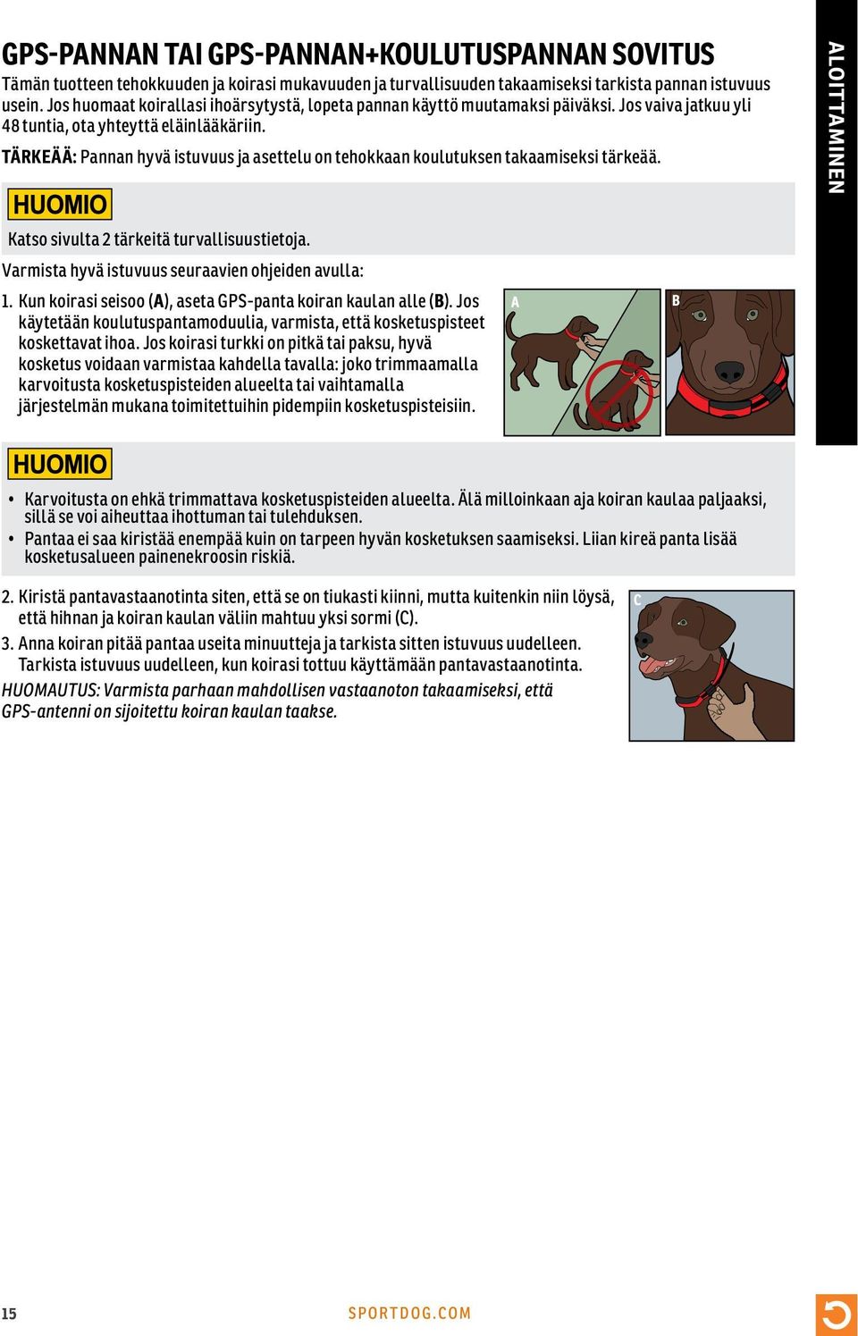 TÄRKEÄÄ: Pannan hyvä istuvuus ja asettelu on tehokkaan koulutuksen takaamiseksi tärkeää. ALOITTAMINEN Katso sivulta 2 tärkeitä turvallisuustietoja.