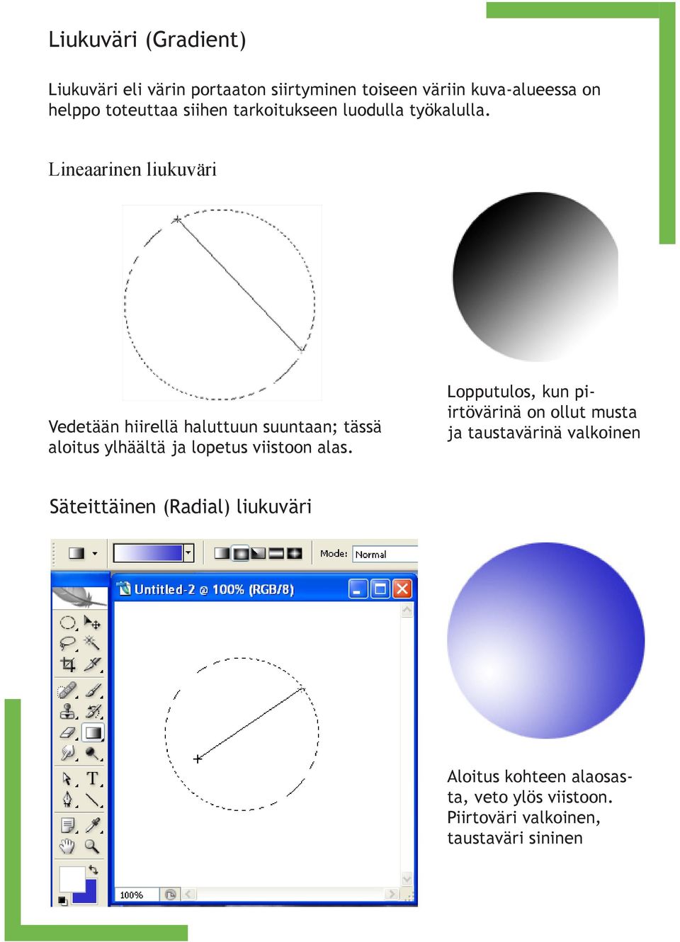 Lineaarinen liukuväri Vedetään hiirellä haluttuun suuntaan; tässä aloitus ylhäältä ja lopetus viistoon alas.